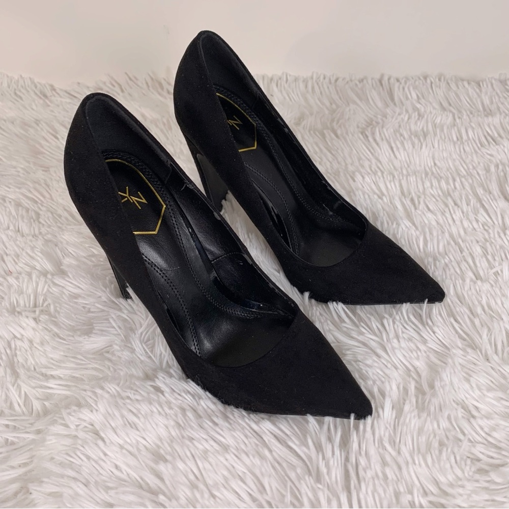 LYN Elegant Black High Heels suede pumps block heel‎ pointed toes